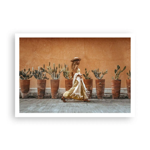 Affiche - Poster - Une femme dans un style bohème avec des pots de cactus en arrière-plan. - 100x70cm - Style hippie - Décoration murale moderne pour le salon et la chambre ARTTOR