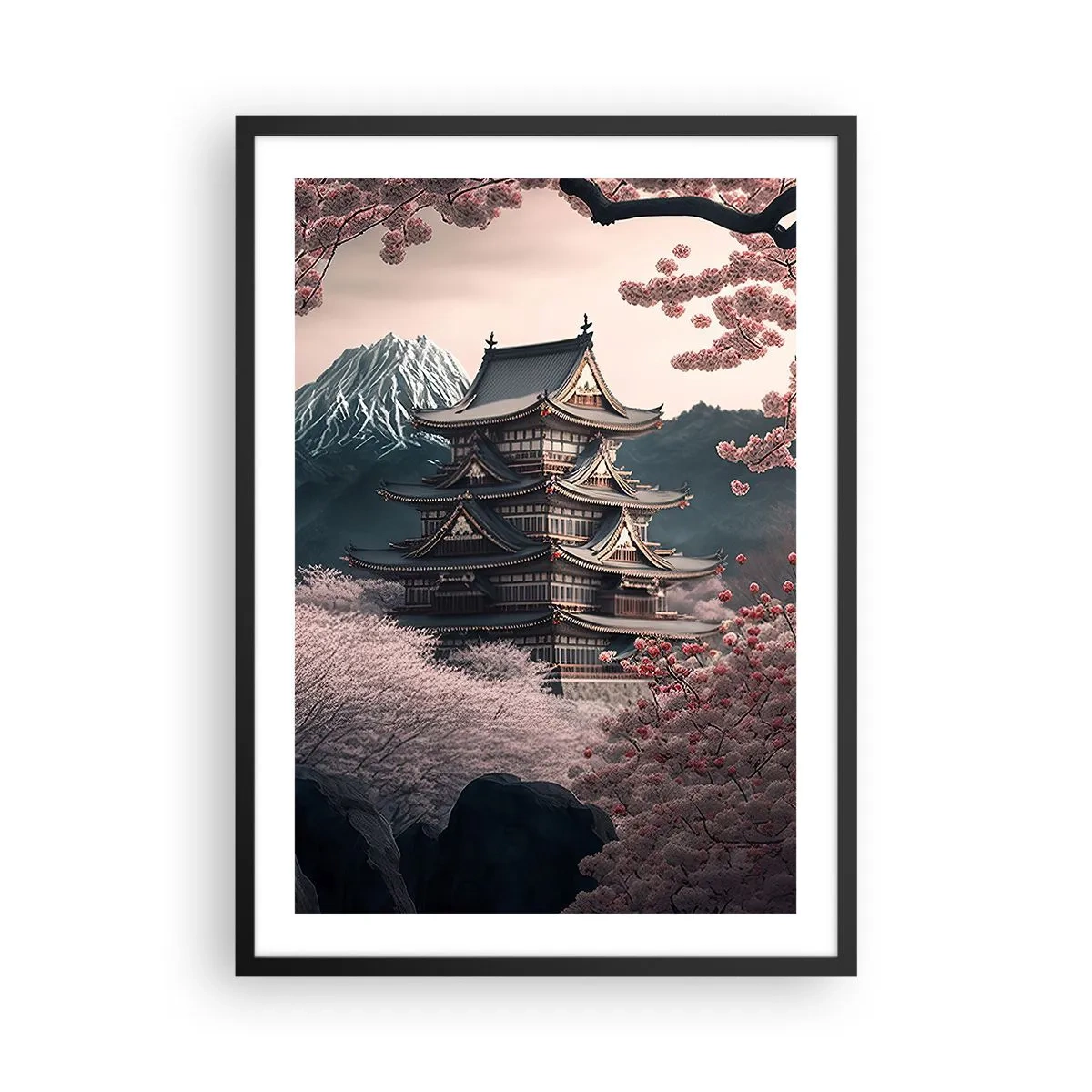Affiche dans un cadre noir - Poster - Pagode japonaise parmi les cerisiers en fleurs - 50x70cm - Le pays des cerisiers en fleurs - Décoration murale moderne pour le salon et la chambre ARTTOR