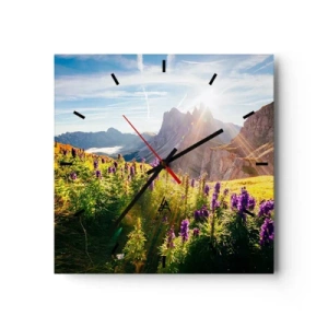 Horloge murale - Pendule murale - Paysage de montagne avec des fleurs à la lumière du soleil levant - 30x30cm - La vie secrète des herbes - Décoration murale moderne pour le salon et la chambre ARTTOR