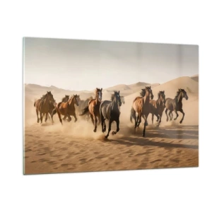 Impression sur verre - Image sur verre - Un troupeau de chevaux au galop dans le désert parmi les dunes de sable - 120x80cm - Libre comme le vent - Décoration murale moderne pour le salon et la chambre ARTTOR
