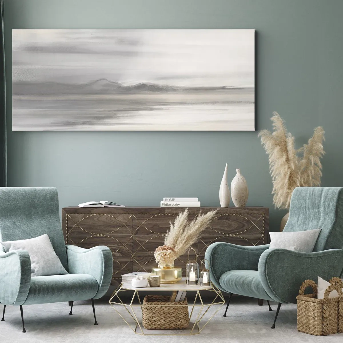 Impression sur toile - Image sur toile - Un paysage subtil aux tons gris et beige - 160x50cm - Distance réfléchie - Décoration murale moderne pour le salon et la chambre ARTTOR