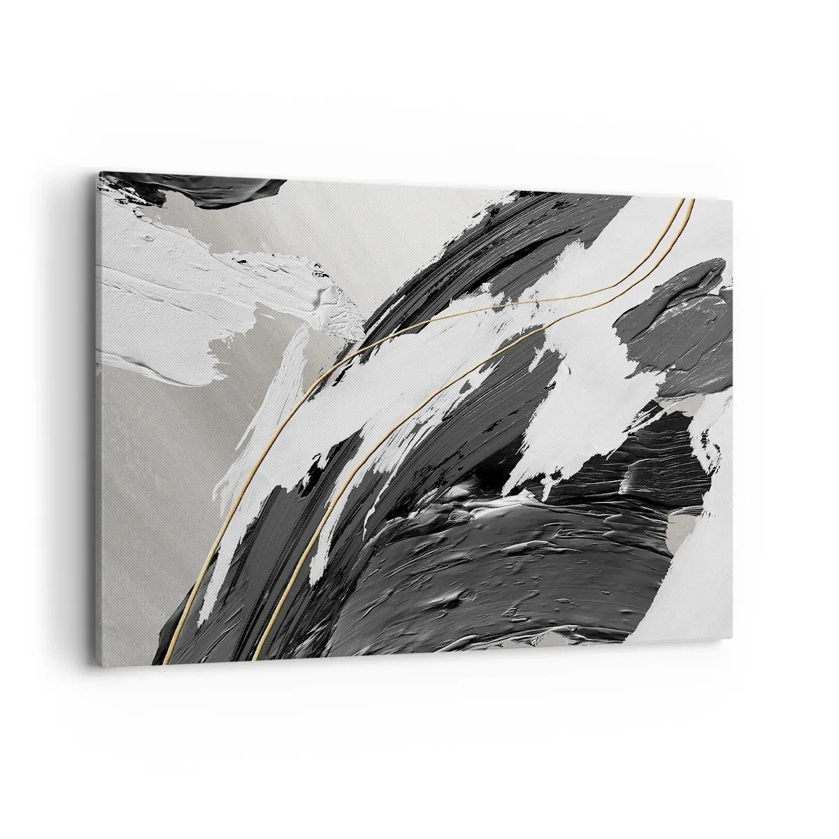 Impression sur toile - Image sur toile - Coups de pinceau noirs et blancs avec une subtile touche dorée - 120x80cm - L'abstraction à grande échelle - Décoration murale moderne pour le salon et la chambre ARTTOR