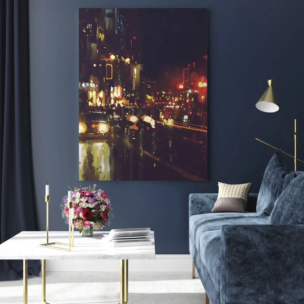 Impression sur verre - Image sur verre - Paysage nocturne de la ville avec des voitures et des lampadaires - 50x70cm - Immergé dans les lumières de la nuit - Décoration murale moderne pour le salon et la chambre ARTTOR