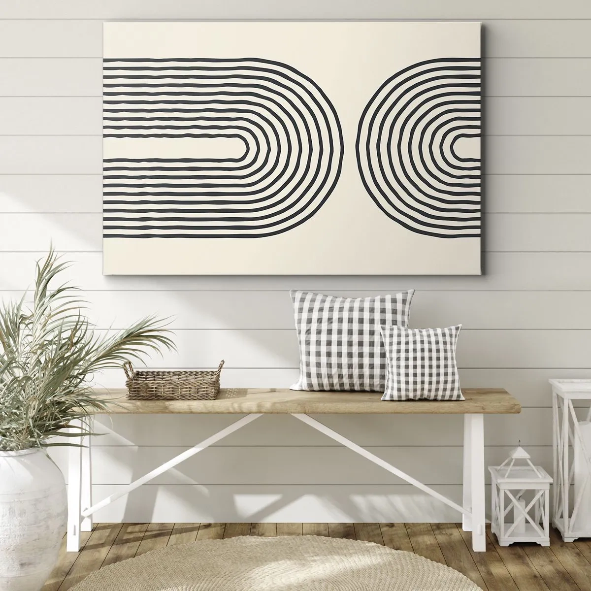 Impression sur toile - Image sur toile - Motif géométrique abstrait avec des lignes symétriques sur un fond clair - 70x50cm - Dans un instant... - Décoration murale moderne pour le salon et la chambre ARTTOR