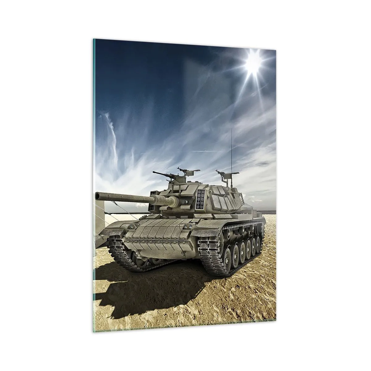 Impression sur verre - Image sur verre - Un char et une tente dans un désert sous un ciel bleu - 50x70cm - Un rêve militaire - Décoration murale moderne pour le salon et la chambre ARTTOR