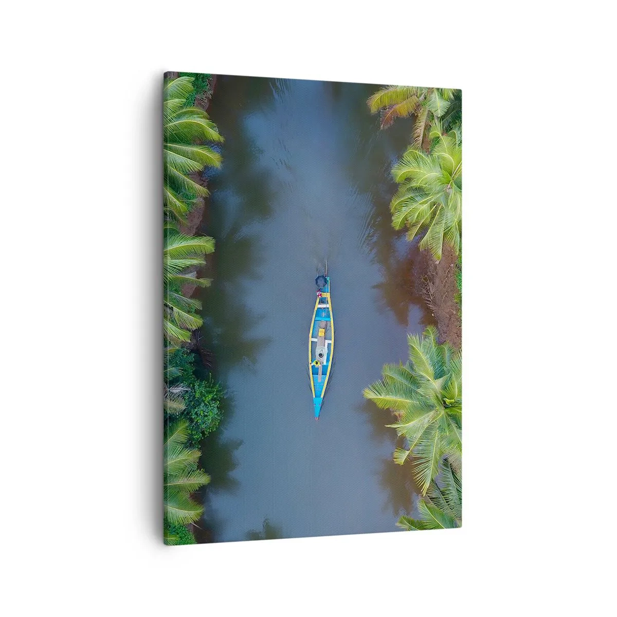 Impression sur toile - Image sur toile - Vue aérienne d'un bateau sur une rivière entourée de palmiers - 50x70cm - Sur un sentier tropical - Décoration murale moderne pour le salon et la chambre ARTTOR