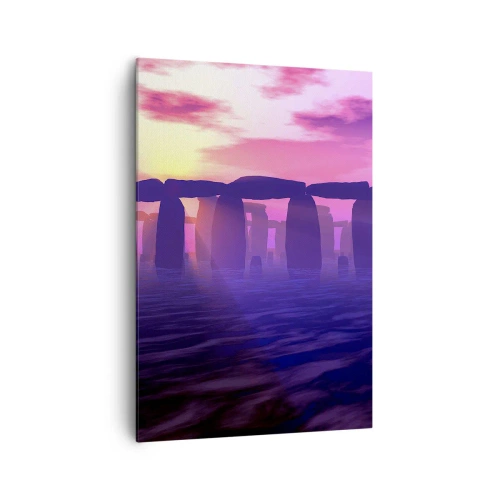 Impression sur toile - Image sur toile - Cercle de pierres au coucher du soleil avec un ciel violet - 70x100cm - Mystère à l'aube dans le brouillard - Décoration murale moderne pour le salon et la chambre ARTTOR