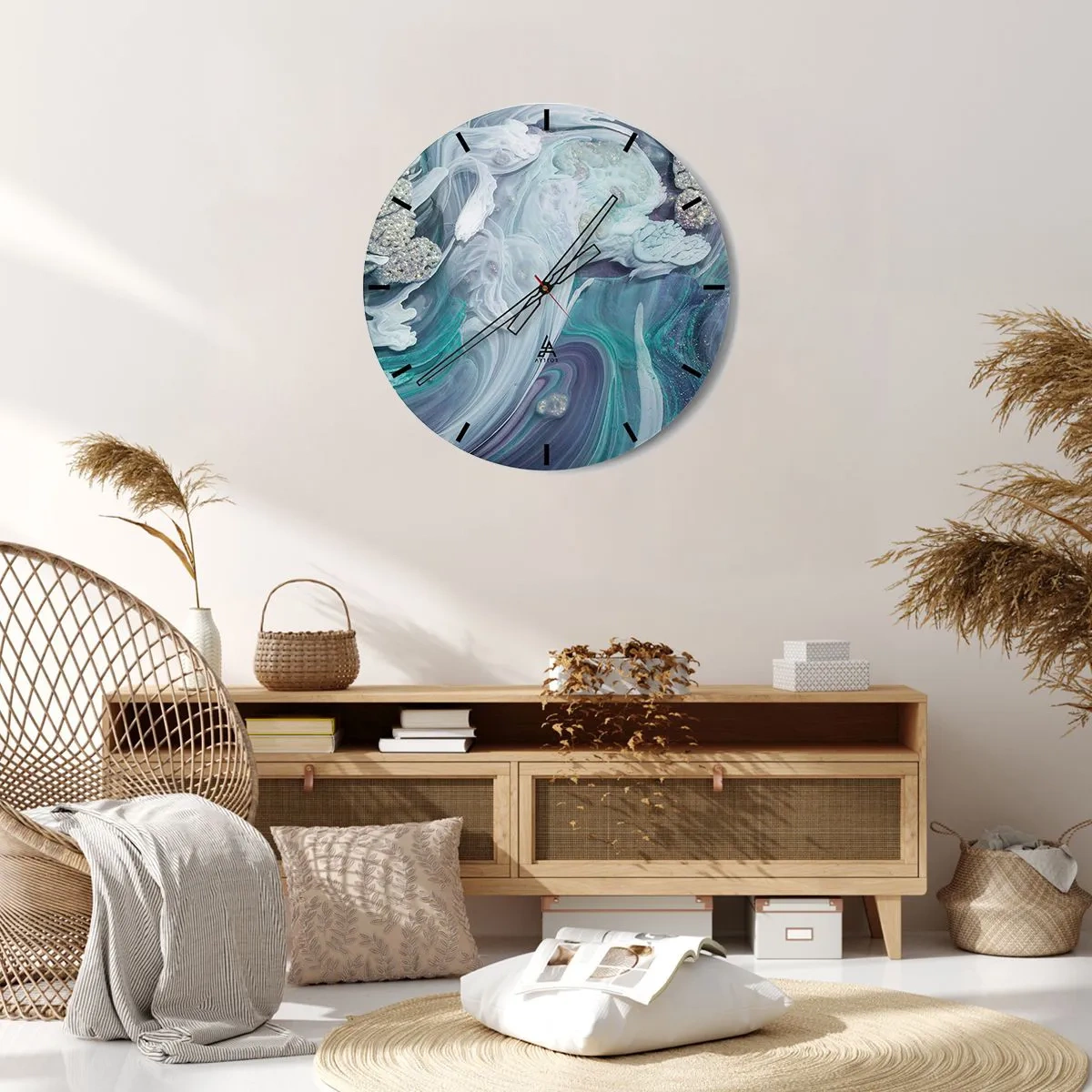 Horloge murale - Pendule murale - Une composition abstraite dans les tons bleus et turquoises avec des paillettes. - 30x30cm - Courants bleus - Décoration murale moderne pour le salon, la cuisine et la chambre ARTTOR