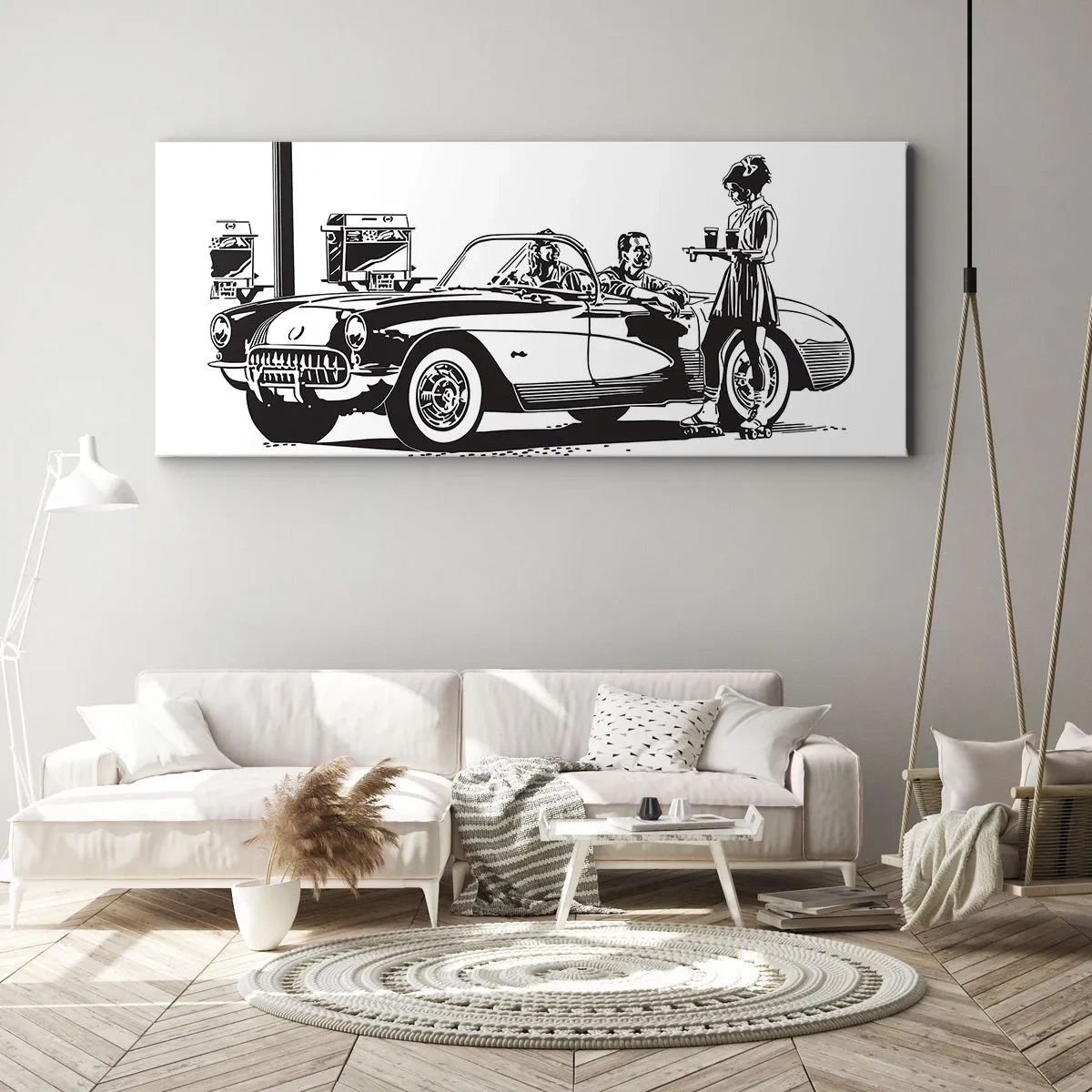 Impression sur toile - Image sur toile - Une scène rétro en noir et blanc avec une voiture et une serveuse en patins à roulettes. - 160x50cm - 60's - Amérique insouciante - Décoration murale moderne pour le salon et la chambre ARTTOR