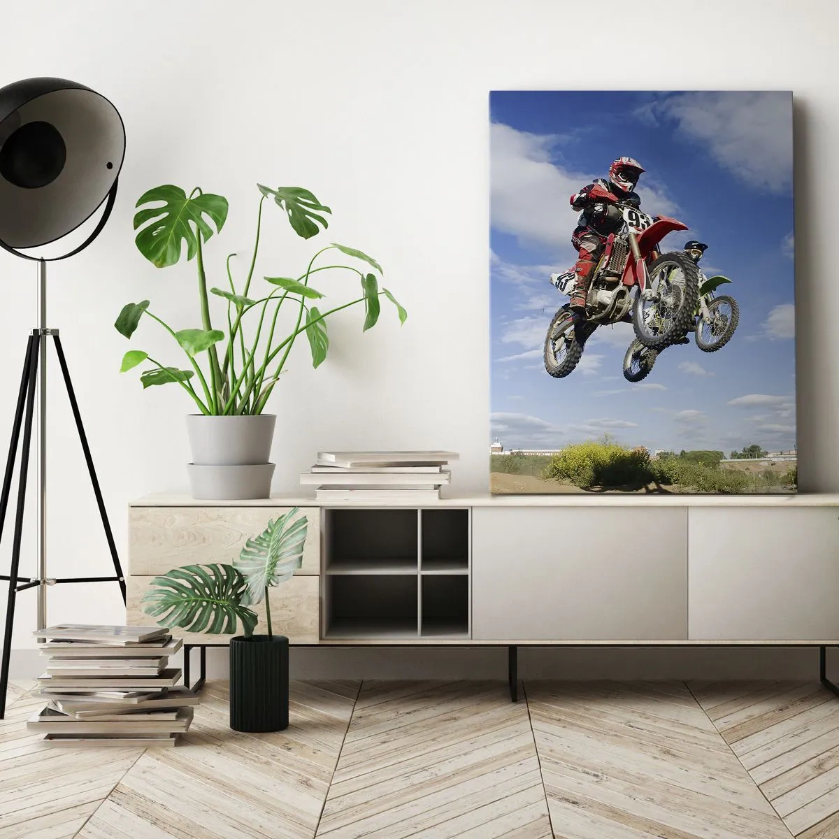 Impression sur toile - Image sur toile - Des pilotes de motocross dans les airs lors d'un saut - 80x120cm - Saut en parachute - Décoration murale moderne pour le salon et la chambre ARTTOR