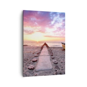 Impression sur toile - Image sur toile - Plage au lever du soleil avec bateau et jetée - 50x70cm - Moment d'expérience profonde - Décoration murale moderne pour le salon et la chambre ARTTOR