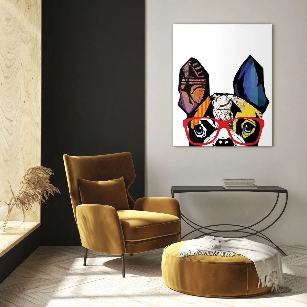Impression sur verre - Image sur verre - Bouledogue dans une illustration colorée avec des lunettes rouges - 70x100cm - Intellectuel - Décoration murale moderne pour le salon et la chambre ARTTOR