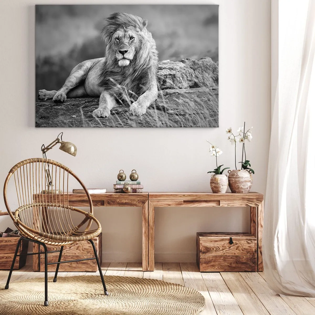 Impression sur toile - Image sur toile - Lion reposant sur un rocher dans un style monochrome - 70x50cm - Sieste royale - Décoration murale moderne pour le salon et la chambre ARTTOR