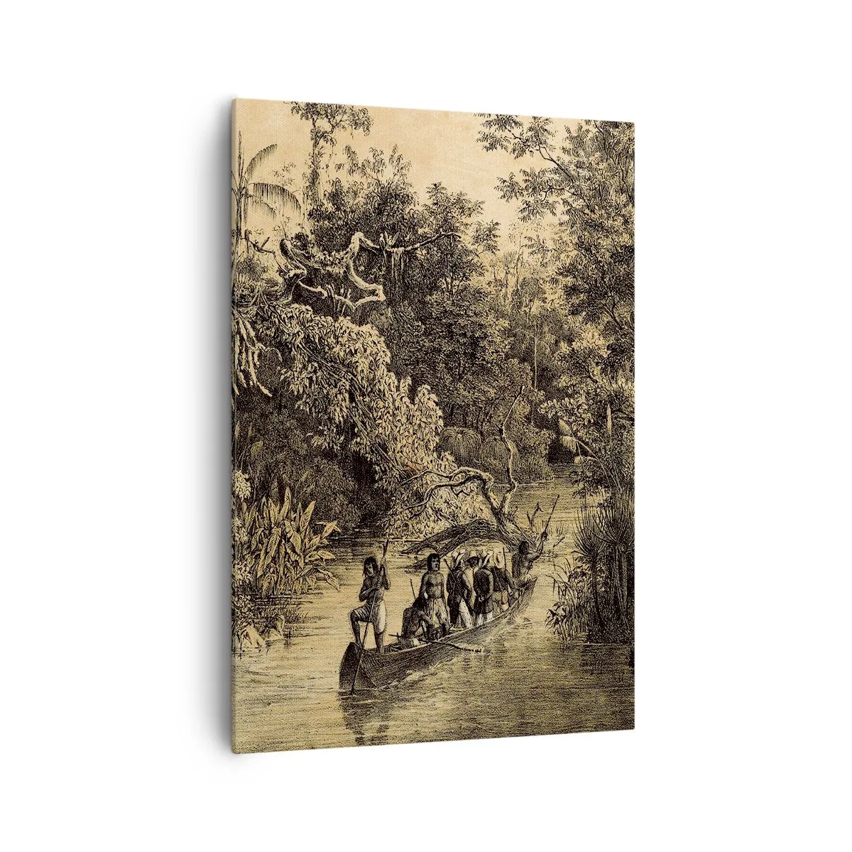 Impression sur toile - Image sur toile - Dessin d'une jungle avec un bateau sur une rivière - 70x100cm - Expédition à la source - Décoration murale moderne pour le salon et la chambre ARTTOR