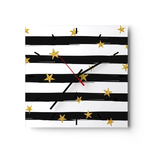Horloge murale - Pendule murale - Rayures noires et blanches avec étoiles dorées - 30x30cm - Nous sommes tous nés sous une bonne étoile - Décoration murale moderne pour le salon et la chambre ARTTOR