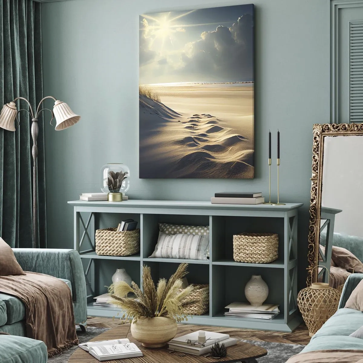 Impression sur toile - Image sur toile - Dunes dorées sur la plage au coucher du soleil avec vue sur la mer - 50x70cm - Un paysage apaisant - Décoration murale moderne pour le salon et la chambre ARTTOR