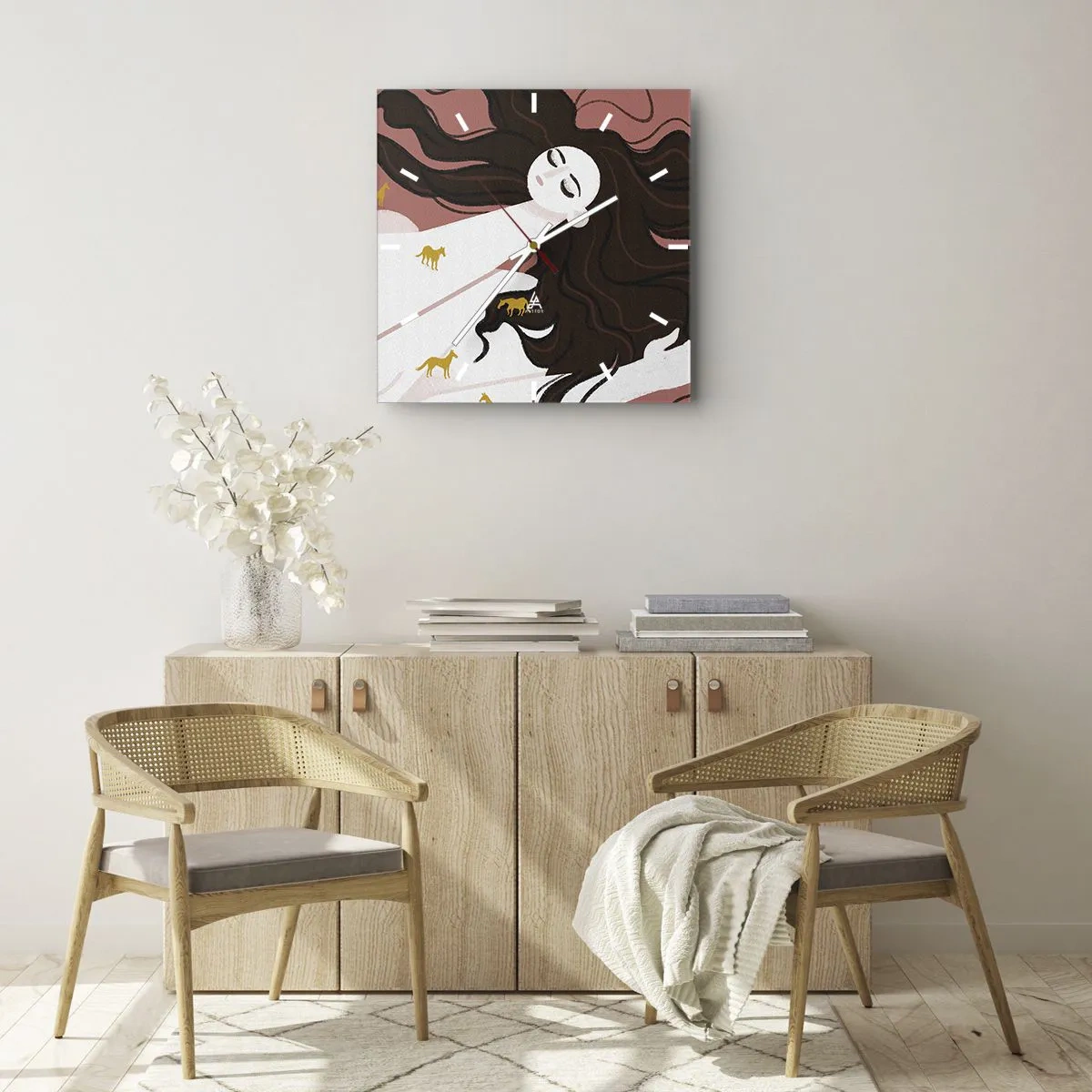 Horloge murale - Pendule murale - Une silhouette aux yeux fermés entourée de chevaux dorés - 30x30cm - Rêve d'un cheval d'or - Décoration murale moderne pour le salon et la chambre ARTTOR