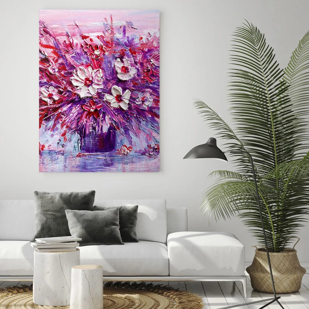 Impression sur verre - Image sur verre - Un bouquet de fleurs colorées dans des tons de rose et de violet - 80x120cm - Innocence et passion - Décoration murale moderne pour le salon et la chambre ARTTOR