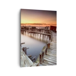 Impression sur toile - Image sur toile - Jetées en bois sur une eau calme au coucher du soleil - 70x100cm - Authentique, pas un attrape touristique - Décoration murale moderne pour le salon et la chambre ARTTOR