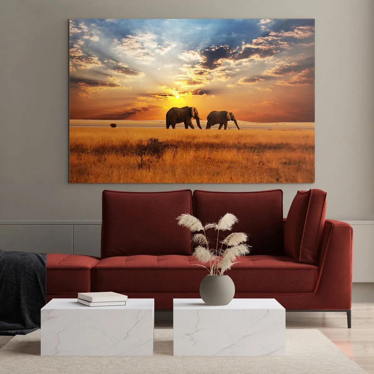 Impression sur verre - Image sur verre - Éléphants dans la savane africaine au coucher du soleil - 120x80cm - Déambulation familliale - Décoration murale moderne pour le salon et la chambre ARTTOR