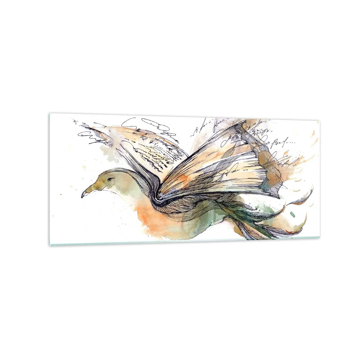 Impression sur verre - Image sur verre - Aquarelle artistique d'un oiseau avec un livre comme ailes - 120x50cm - Sur les ailes de la poésie - Décoration murale moderne pour le salon et la chambre ARTTOR