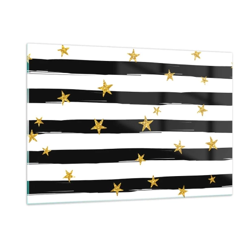 Impression sur verre - Image sur verre - Rayures noires et blanches avec étoiles dorées - 120x80cm - Nous sommes tous nés sous une bonne étoile - Décoration murale moderne pour le salon et la chambre ARTTOR