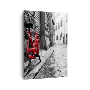 Impression sur toile - Image sur toile - Vélo rouge dans une rue en noir et blanc - 50x70cm - La vraie beauté ne vieillit pas - Décoration murale moderne pour le salon et la chambre ARTTOR