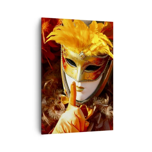Impression sur toile - Image sur toile - Masque de carnaval aux tons or et orange - 70x100cm - Le secret est une partie du jeu - Décoration murale moderne pour le salon et la chambre ARTTOR