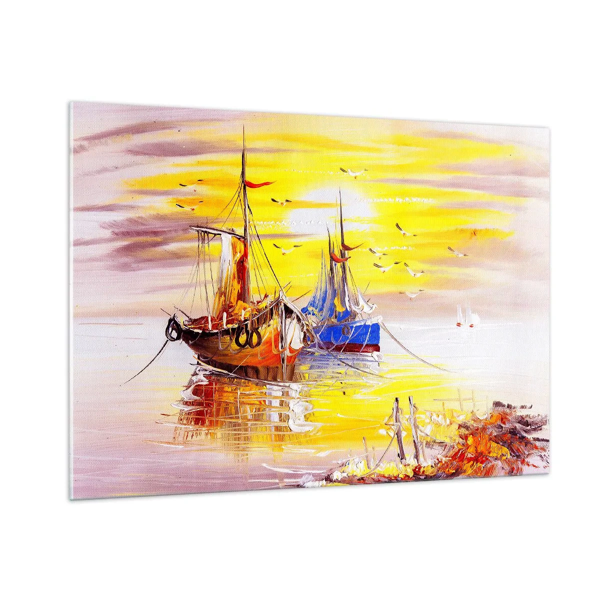Impression sur verre - Image sur verre - Bateaux de pêche au coucher du soleil sur une eau calme - 100x70cm - Un repos bien mérité au port - Décoration murale moderne pour le salon et la chambre ARTTOR