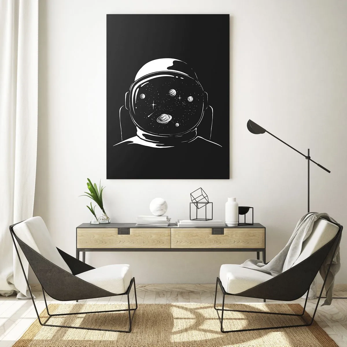 Impression sur verre - Image sur verre - Astronaute avec des étoiles et des planètes dans son casque sur fond noir - 50x70cm - Sympa la vue - Décoration murale moderne pour le salon et la chambre ARTTOR