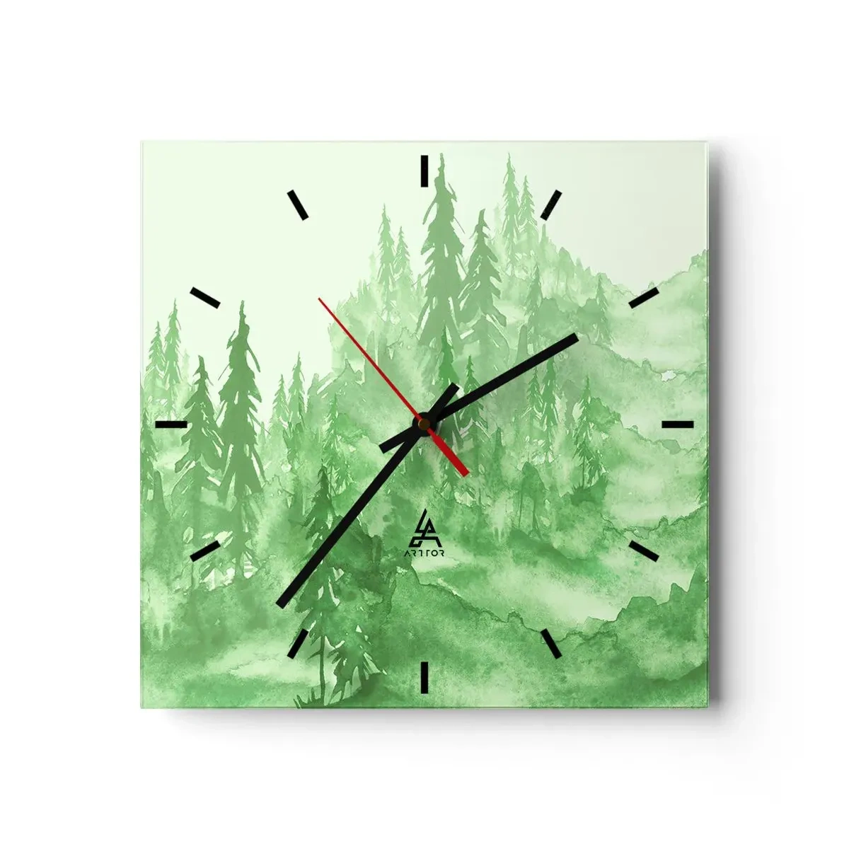 Horloge murale - Pendule murale - Forêt verte dans un style aquarelle sur un fond clair - 30x30cm - Flou de brouillard vert - Décoration murale moderne pour le salon et la chambre ARTTOR