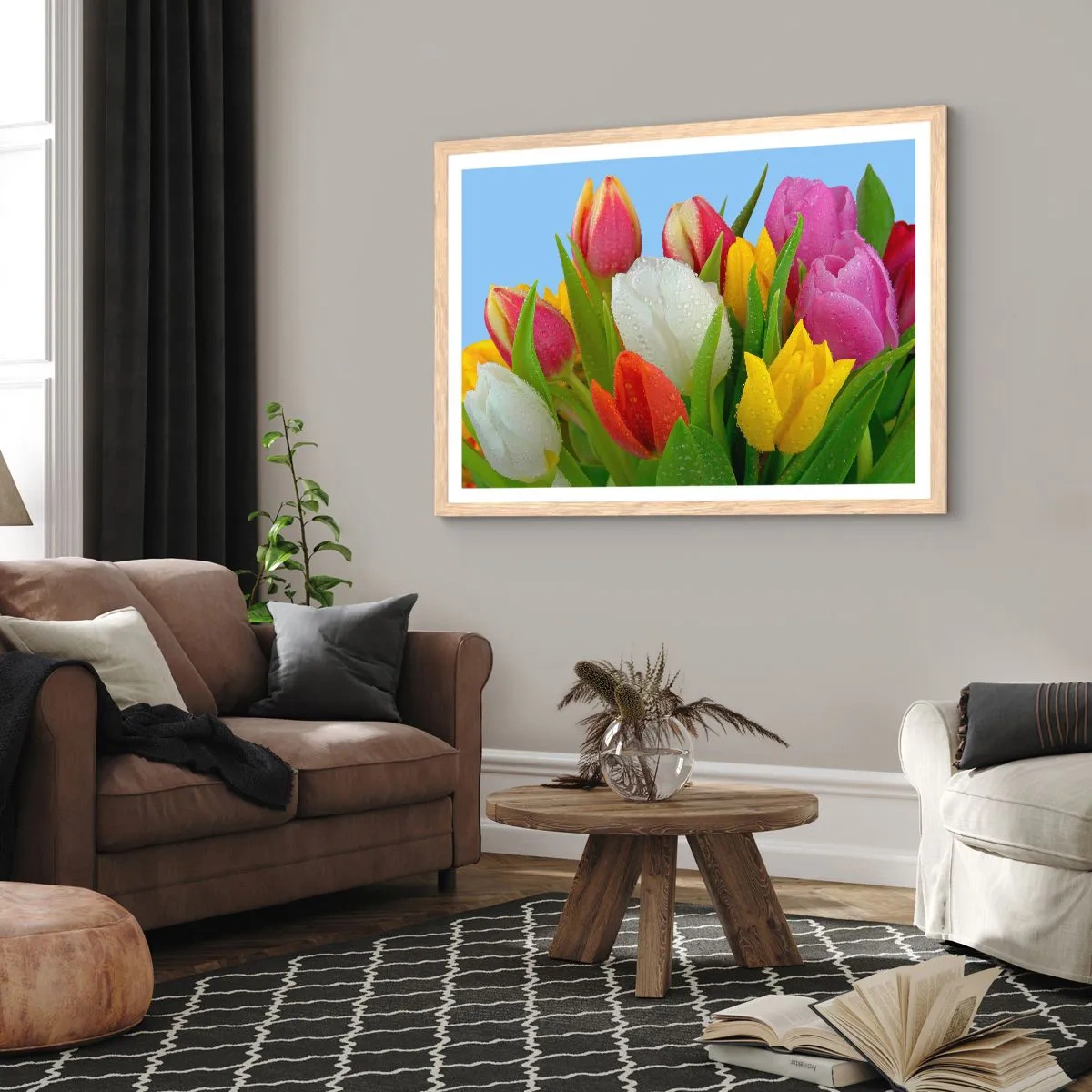 Affiche dans un chêne clair - Poster - Un arc-en-ciel fleuri en gouttes de rosée - 91x61 cm