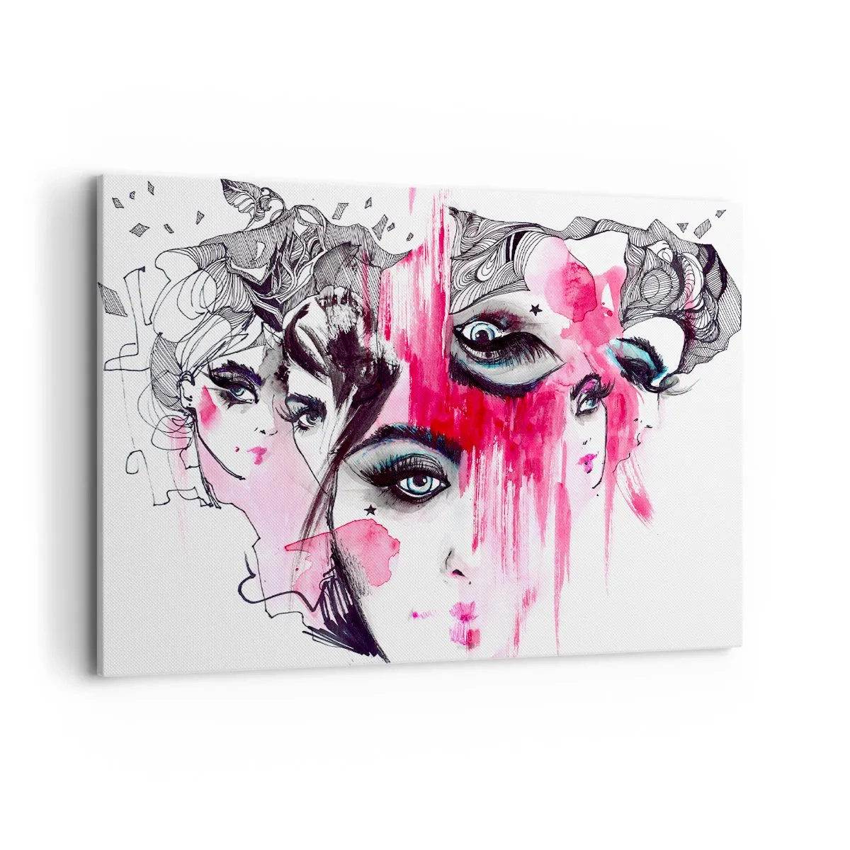 Impression sur toile - Image sur toile - Visage abstrait dans les tons de rose et de noir - 120x80cm - Yeux abstraits - Décoration murale moderne pour le salon et la chambre ARTTOR