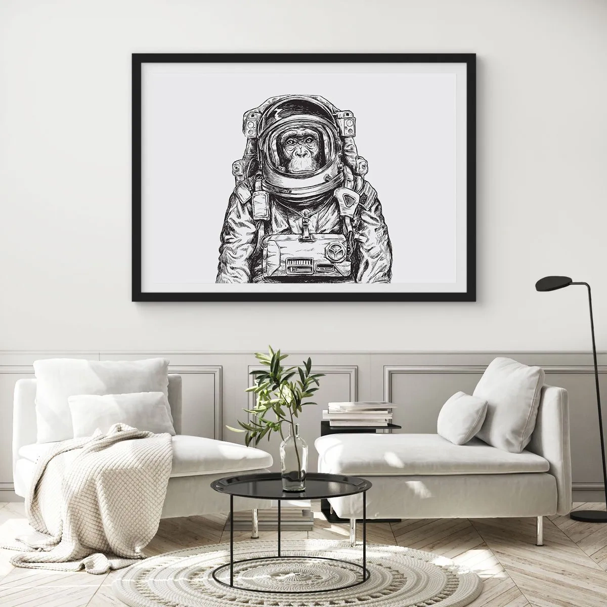 Affiche dans un cadre noir - Poster - Graphique d'un astronaute en combinaison spatiale avec une tête de singe - 100x70cm - Évolution alternative - Décoration murale moderne pour le salon et la chambre ARTTOR