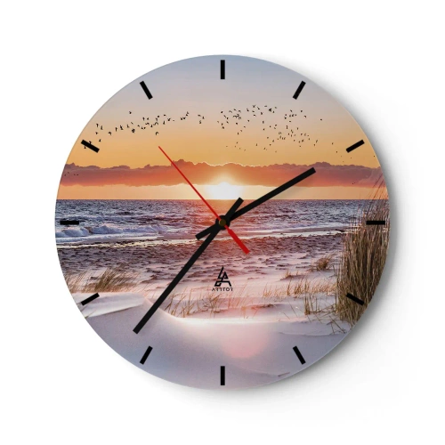 Horloge murale - Pendule murale - Coucher de soleil sur la mer avec des oiseaux et du sable au premier plan - 30x30cm - Paysage horizontal - Décoration murale moderne pour le salon, la cuisine et la chambre ARTTOR