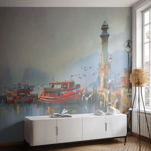 Papier Peint Photo Premium Sand - Un port dans le brouillard avec des bateaux rouges et un phare - 100x70cm - Na końcu świata - Décoration murale moderne pour le salon et la chambre ARTTOR