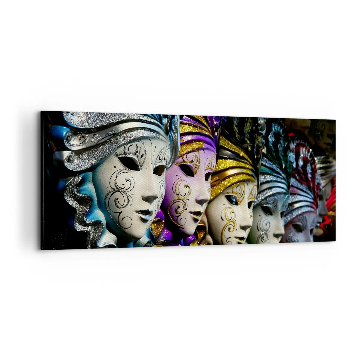 Impression sur toile - Image sur toile - Masques vénitiens de différentes couleurs avec des motifs décoratifs - 120x50cm - Mystère en or et argent - Décoration murale moderne pour le salon et la chambre ARTTOR