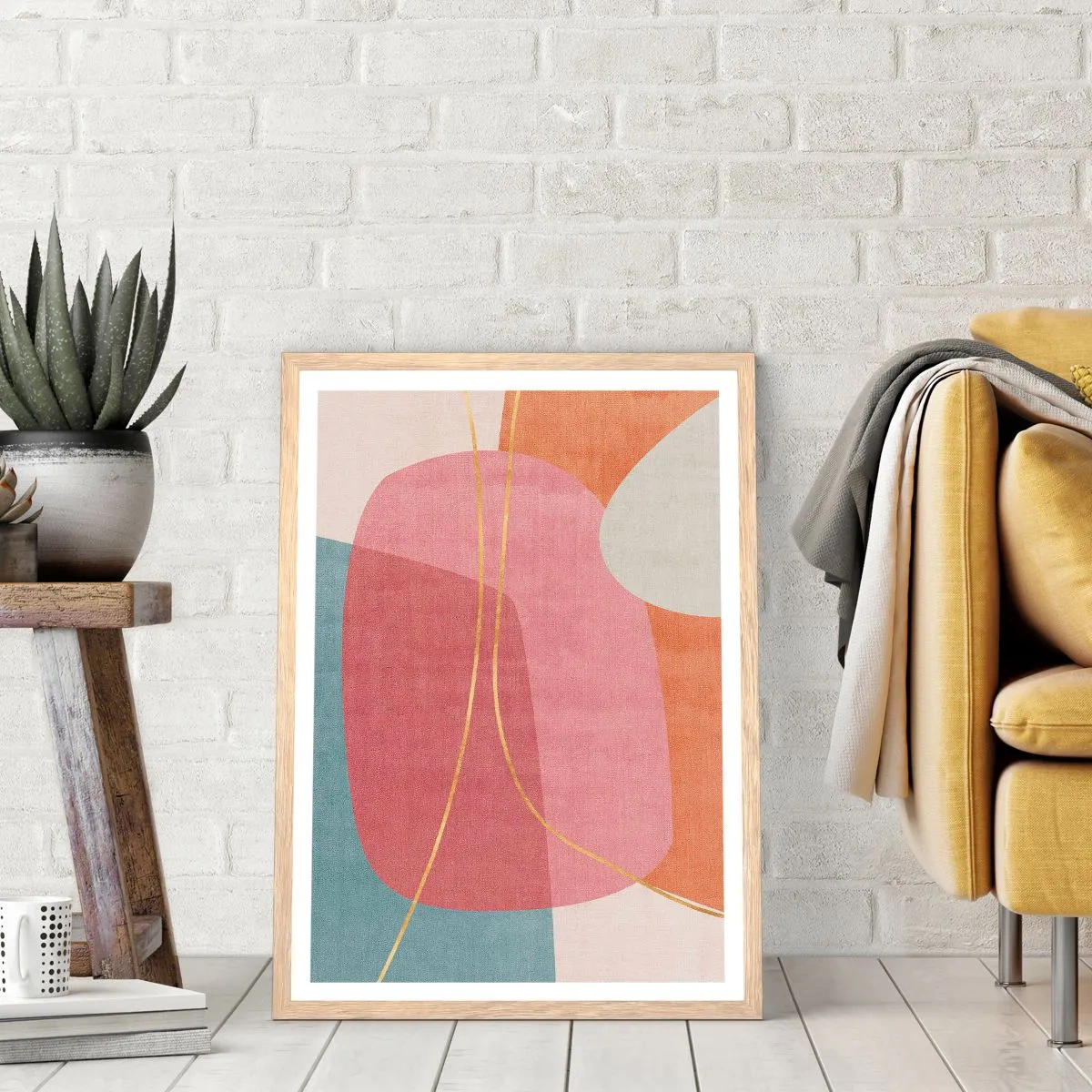 Affiche dans un chêne clair - Poster - Composition pastel au fil d'or - 40x50 cm