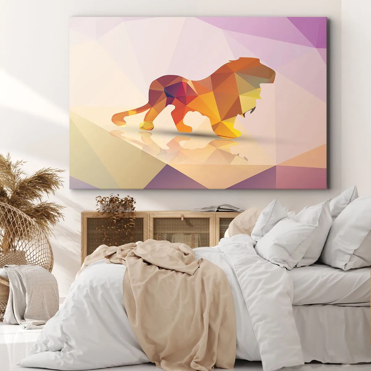 Impression sur toile - Image sur toile - Silhouette géométrique d'un lion dans les tons jaune et orange - 100x70cm - Le roi du diamant - Décoration murale moderne pour le salon et la chambre ARTTOR