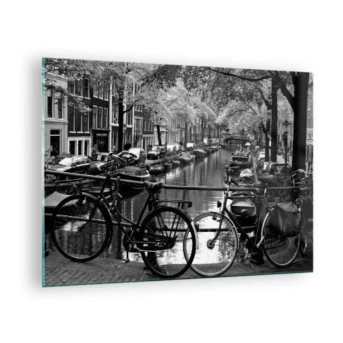 Impression sur verre - Image sur verre - Vue en noir et blanc d'un canal avec des vélos et des bateaux - 70x50cm - Une vue très hollandaise - Décoration murale moderne pour le salon et la chambre ARTTOR