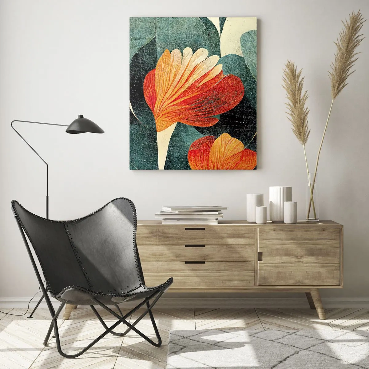 Impression sur verre - Image sur verre - Fleurs orange sur fond de feuilles vert foncé - 50x70cm - La chaleur des tropiques et la fraîcheur de la verdure - Décoration murale moderne pour le salon et la chambre ARTTOR