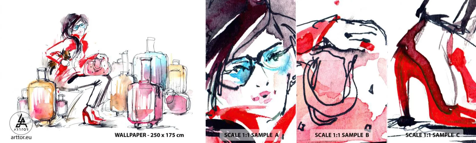 Échantillon de Papier Peint Autocollant Deluxe Sticker - Asseyons-nous avant le voyage - Femme, Voyage, Valise - 100x30 cm