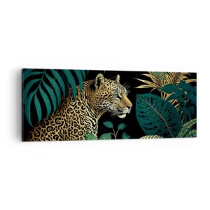 Impression sur toile - Image sur toile - Léopard dans des feuilles tropicales sur fond noir - 140x50cm - Un hôte dans la jungle - Décoration murale moderne pour le salon et la chambre ARTTOR