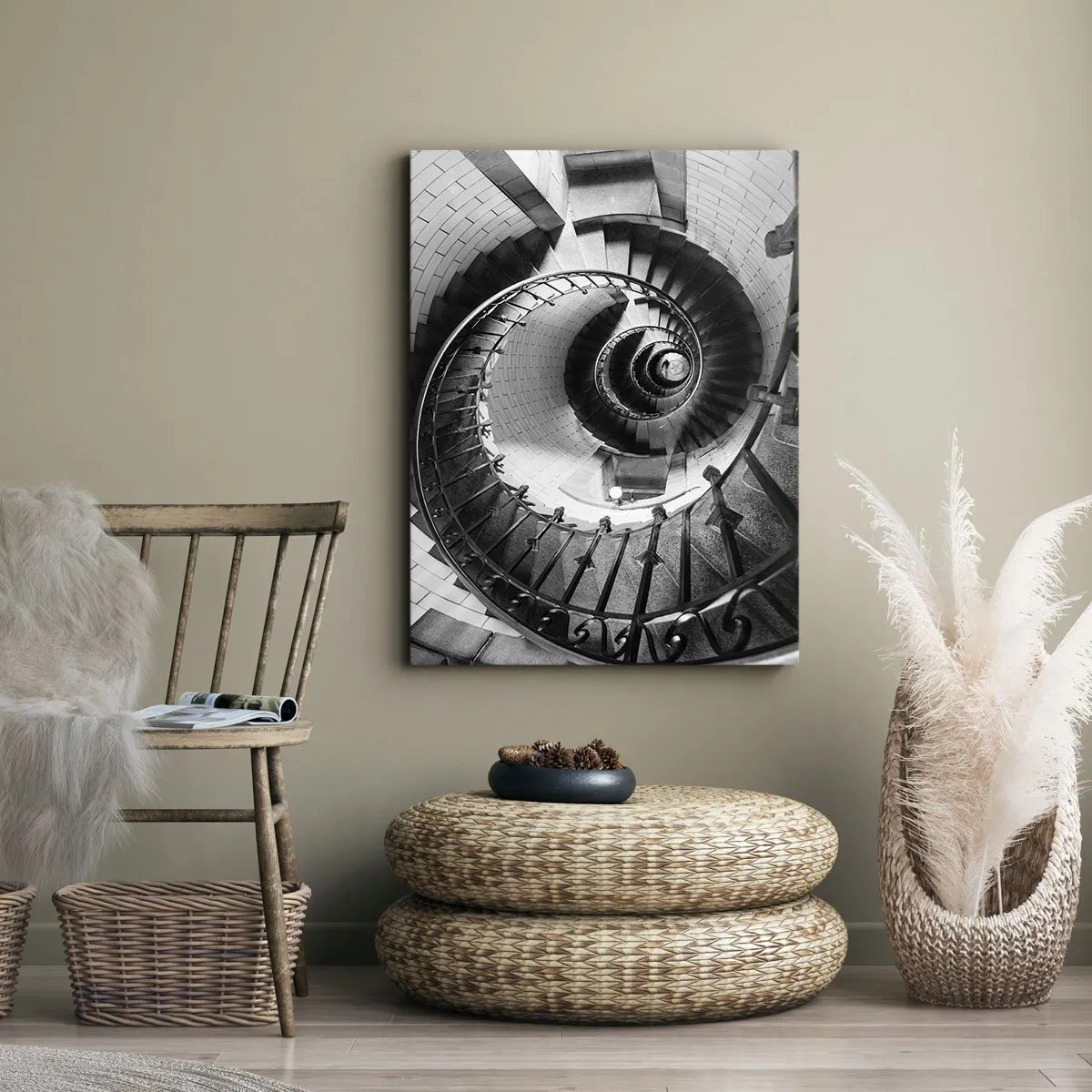 Impression sur toile - Image sur toile - Photographie en noir et blanc d'un escalier en colimaçon avec une perspective de haut en bas - 80x120cm - De plus en plus haut - Décoration murale moderne pour le salon et la chambre ARTTOR