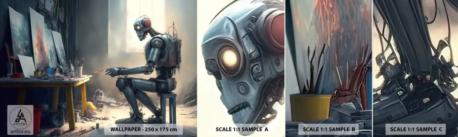 Échantillon de Papier Peint Autocollant Deluxe Sticker - L'acte de création - Morceau, Peinture, Robot - 100x30 cm