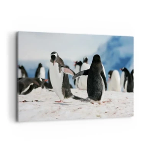 Impression sur toile - Image sur toile - Un groupe de pingouins dans la neige dans un paysage antarctique - 120x80cm - Danser dans la neige - Décoration murale moderne pour le salon et la chambre ARTTOR