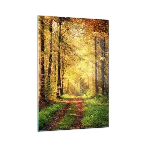 Impression sur verre - Image sur verre - Un chemin forestier entouré d'arbres dorés et verts - 80x120cm - Silence d'or en forêt - Décoration murale moderne pour le salon et la chambre ARTTOR