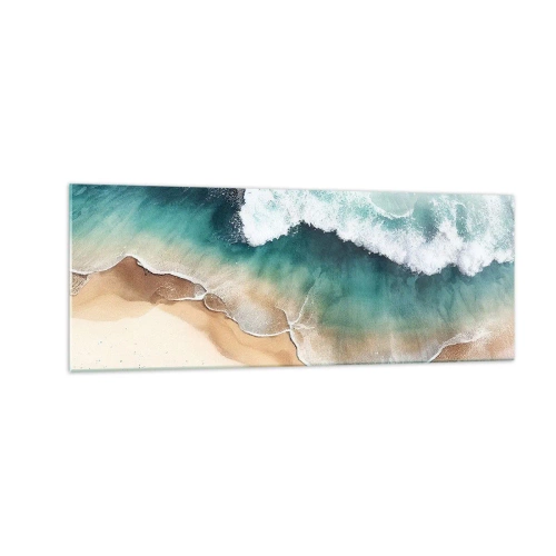 Impression sur verre - Image sur verre - Vue sur la plage et les vagues de la mer dans des tons turquoise - 140x50cm - La rencontre éternelle - Décoration murale moderne pour le salon et la chambre ARTTOR