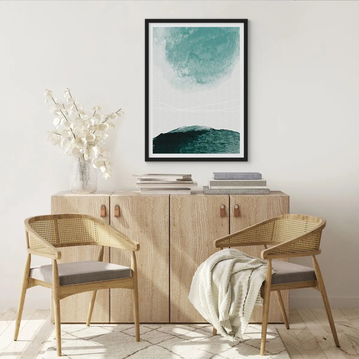 Affiche dans un cadre noir - Poster - Paysage abstrait dans les tons de vert et de blanc - 50x70cm - Rencontre avec le brouillard - Décoration murale moderne pour le salon et la chambre ARTTOR