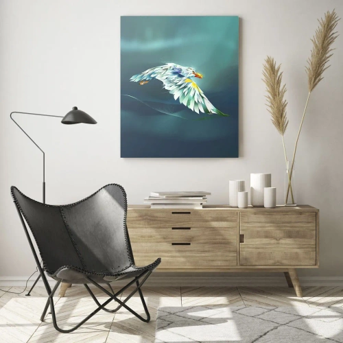 Impression sur verre - Image sur verre - Une image abstraite d'un aigle dans des tons de bleu et de blanc sur un fond de vagues. - 50x70cm - Aigle, puissance de tes vols - Décoration murale moderne pour le salon et la chambre ARTTOR